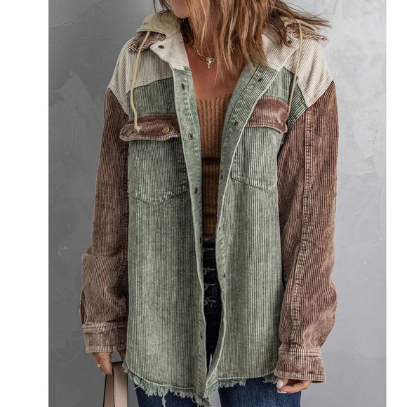 016 Cozy Color Block Oversized Corduroy Hoodie Jacket Shacket - Picture 2 of 13